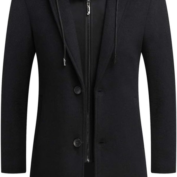 Men's Wool Coat Hoodie Long Trench Coat Cotton Casual Woollen Overcoat Jacket