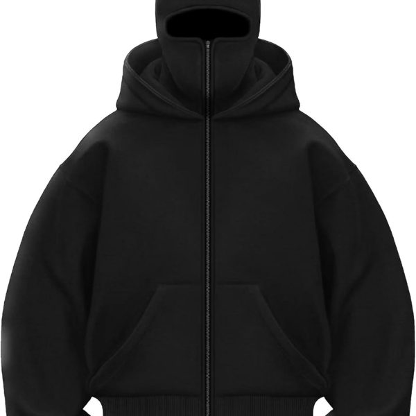 Men's Balaclava Hoodie Winter Double Layer Hooded Sweatshirt with zipper, Fleece-Lined Hip-Hop Hoodie