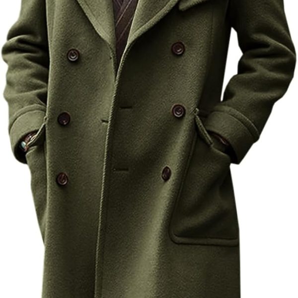 Mens Trench Coat Notch Lapel Double Breasted Peacoat Wool Blend Casual Long Overcoat