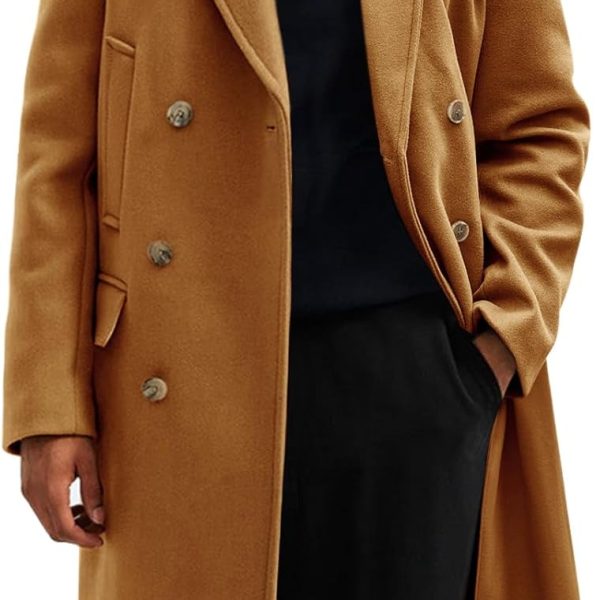 Mens Trench Coat Notch Lapel Slim Fit Double Breasted Casual Long Business Pea Coat Overcoat