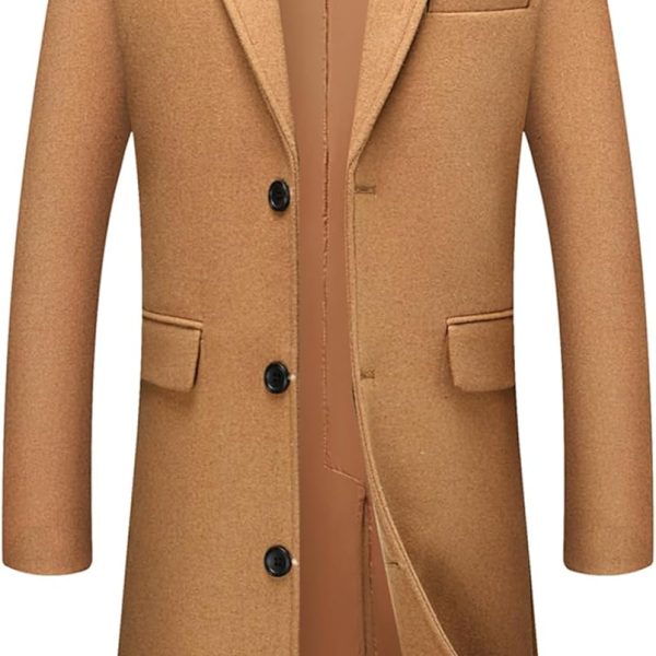 Men's Wool Blend Long Trench Coat Notched Collar Single Breasted Overcoat Warm Winter Pea Coat