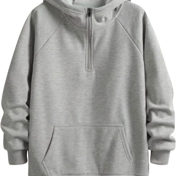 Mens Fleece Lined Hoodies Teen Boys Quarter Zip Pullover Sweatshirts Hooded Fall Winter Warm Fleece Tops Oversized