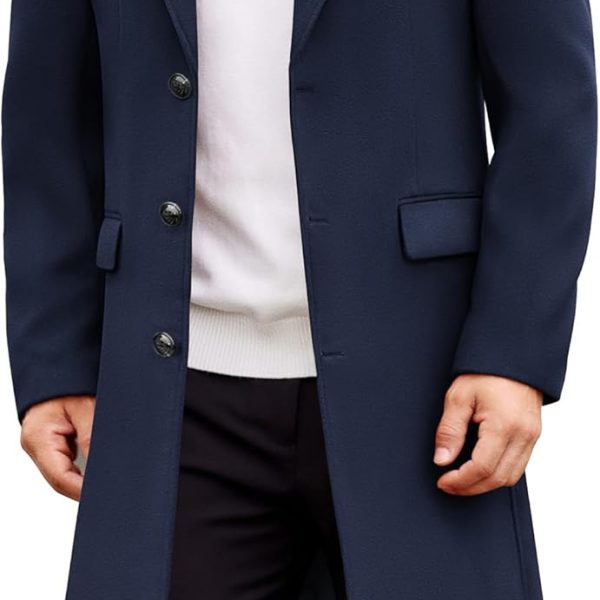 Mens Trench Coat Long Casual Single Brested Overcoat Winter Notched Collar Wool Blend Pea coat With Pockets