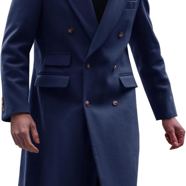 Mens Trench Coat Notch Lapel Double Breasted Casual Pea Coat Winter Warm Long Overcoat