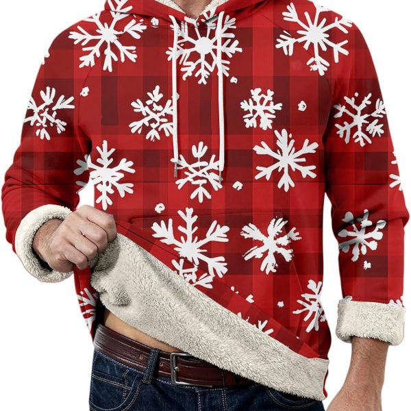 Men's Christmas Fleece-Lined Hoodie  Christmas Print Warm Hooded Sweatshirts with Pocket
