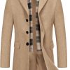 Men's Wool Blend Coat with Detachable Plaid Scarfs Notched Collar Single Breasted Pea Coat Trench Overcoat