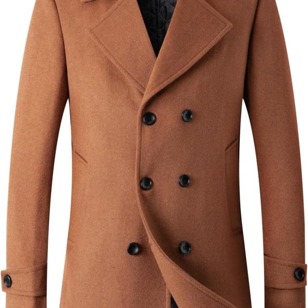 Men's Classic Double Breasted Wool Blend Pea Coat Mid Long Trench Coat