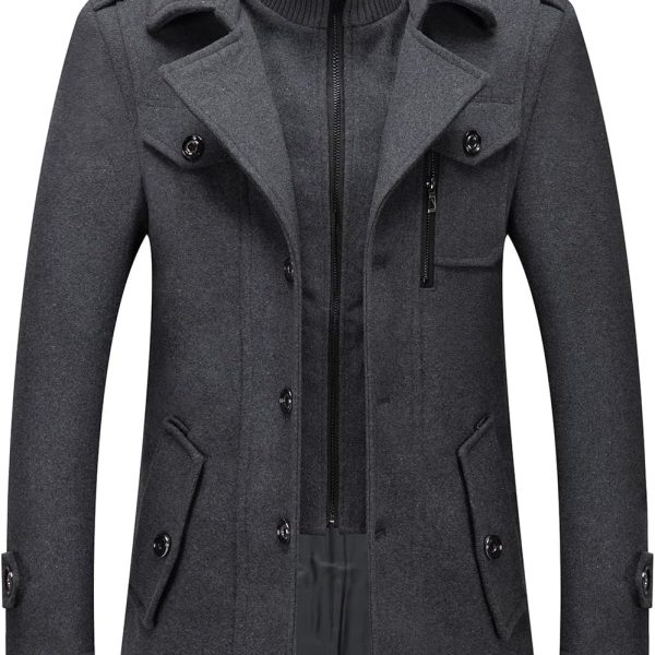 Men's Wool Blend Coat Warm Winter Trench Coat with Detachable Soft Scarf Single Breasted Pea Coat