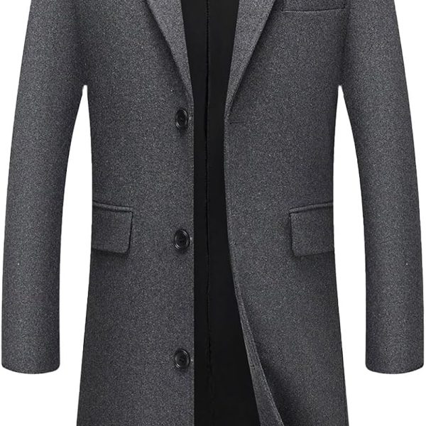 Mens Wool Blend Long Trench Coat Notch Lapel Single Breasted Overcoat with Pockets