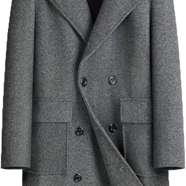 Mens Wool Blend Pea Coat Warm Winter Trench Coat Notched Lapel Double Breasted Overcoat