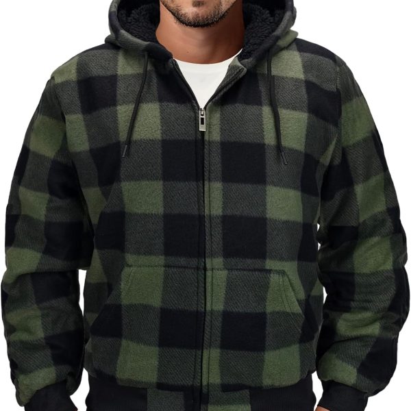 Men's Zip Up Fashion Hoodies Fleece Jacket  Lined Winter Warm Sweatshirt Plaid Flannel Hooded Coat